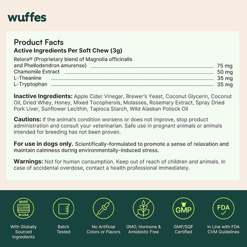 مضغ ناعم مهدئ للكلاب من Wuffes، مكمل لدعم الإجهاد مع Relora®، L-Theanine، L-Tryptophan والبابونج، تخفيف مهدئ لا يسبب النعاس لجميع الكلاب، 60 مضغًا ناعمًا in Kuwait