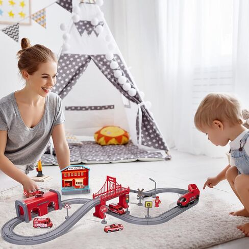 Train Sets for Toddlers, 66 Pcs Trains Toy with Battery Operated & Tracks (Magnetic Connection), Compatible with Thomas, Brio, Christmas Toy Gifts for 3 4 5 6 7 8 Years Old (Fire Engines) in Saudi Arabia