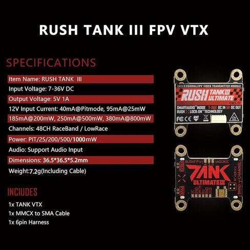 جهاز إرسال MEIVIFPV FPV VTX Rush Tank III RUSHFPV 5.8G 48CH PIT/25/200/500/800mW قابل للتحويل 30x30 لطائرة السباق بدون طيار FPV in Saudi Arabia