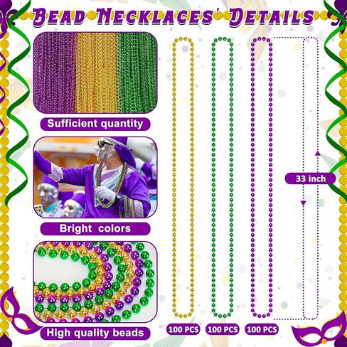 300PCS Mardi Gras Beads Bulk, Mardi Gras Beads Necklace, Parade Throw Accessories Set Decorations Party Supplies in Saudi Arabia