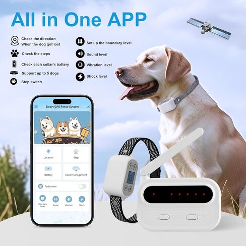 نظام سياج الكلاب اللاسلكي GPS مع التحكم في التطبيق - بدون اشتراك ولا سلك، يصل إلى 984 قدمًا IPX7 طوق احتواء الحيوانات الأليفة الكهربائي المقاوم للماء مع صوت تنبيه/اهتزاز/صدمة، يدعم ما يصل إلى 5 كلاب (أبيض) in Kuwait