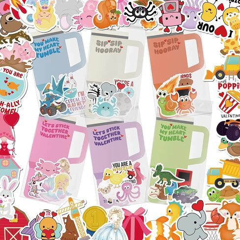 Valentines Day Cards for Kids School - 48 Pack Valentines Day Water Bottle Cards with 240 Pack Valentine Stickers for Kids Classroom Party Favors Bulk, Happy Two Class Valentine Gifts for Boys & Girls in Saudi Arabia