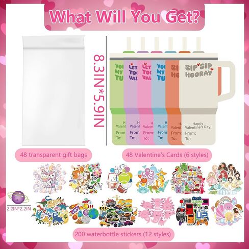 Valentines Day Cards for Kids School - 48 Pack Valentines Day Water Bottle Cards with 240 Pack Valentine Stickers for Kids Classroom Party Favors Bulk, Happy Two Class Valentine Gifts for Boys & Girls in Saudi Arabia