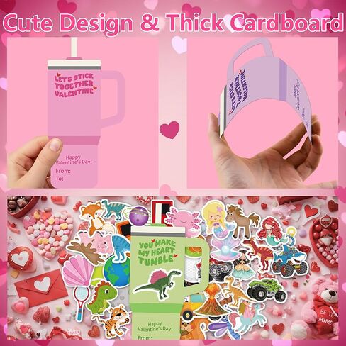 Valentines Day Cards for Kids School - 48 Pack Valentines Day Water Bottle Cards with 240 Pack Valentine Stickers for Kids Classroom Party Favors Bulk, Happy Two Class Valentine Gifts for Boys & Girls in Saudi Arabia