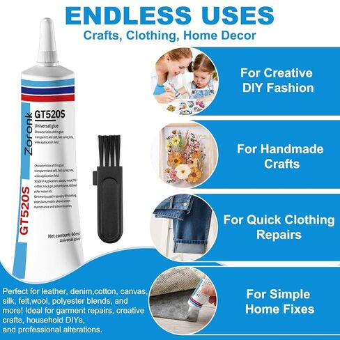 Fabric Glue Permanent 60 ML, Washable Clear Adhesive for Clothes, Iron on Patches, Rhinestones, Leather, Hats, Denim and Crafts, Quick Dry Waterproof No Sew Solution in Kuwait