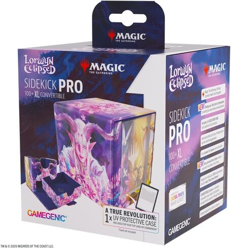 Gamegenic Magic: The Gathering Lorwyn Eclipsed Sidekick PRO 100+XL - تصميم Morcants Loyalist/Dawnhand Euologist، صندوق سطح قابل للتحويل، يحمل أكثر من 100 بطاقة مزدوجة الأكمام، شاشة عرض قائد التحميل الجانبي in Kuwait