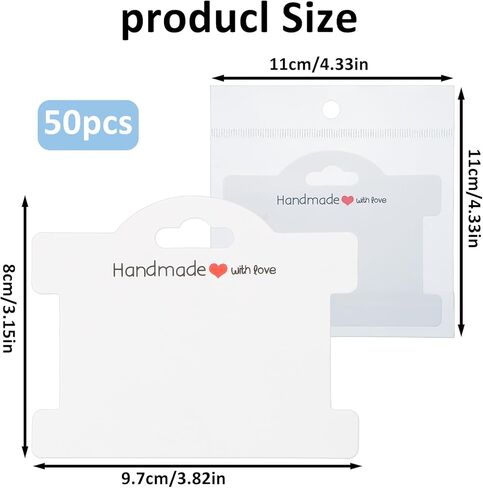 Piriuuo 50 Pcs Bracelet Display Cards with Clear Bags, Bracelet Packaging for Small Business Jewelry Display Card Handmade with Love Jewelry Tags for Selling Hair Ties, Bracelets, Necklace (White) in Saudi Arabia