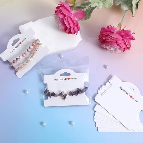 Piriuuo 50 Pcs Bracelet Display Cards with Clear Bags, Bracelet Packaging for Small Business Jewelry Display Card Handmade with Love Jewelry Tags for Selling Hair Ties, Bracelets, Necklace (White) in Saudi Arabia