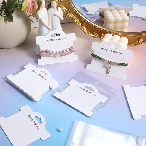 Piriuuo 50 Pcs Bracelet Display Cards with Clear Bags, Bracelet Packaging for Small Business Jewelry Display Card Handmade with Love Jewelry Tags for Selling Hair Ties, Bracelets, Necklace (White) in Saudi Arabia