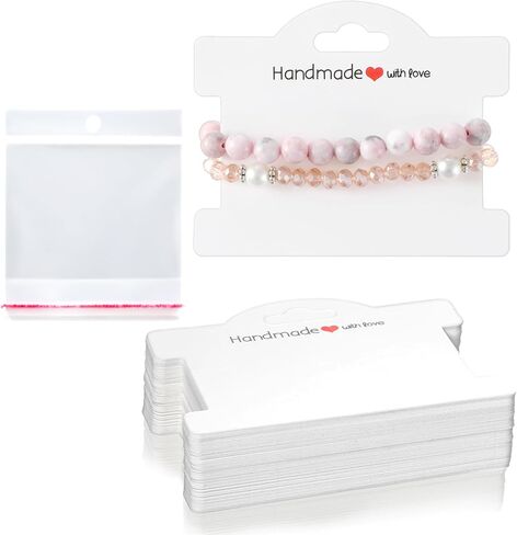 Piriuuo 50 Pcs Bracelet Display Cards with Clear Bags, Bracelet Packaging for Small Business Jewelry Display Card Handmade with Love Jewelry Tags for Selling Hair Ties, Bracelets, Necklace (White) in Saudi Arabia