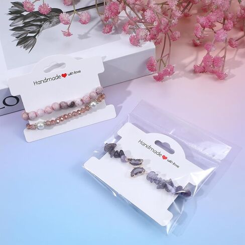 Piriuuo 50 Pcs Bracelet Display Cards with Clear Bags, Bracelet Packaging for Small Business Jewelry Display Card Handmade with Love Jewelry Tags for Selling Hair Ties, Bracelets, Necklace (White) in Saudi Arabia