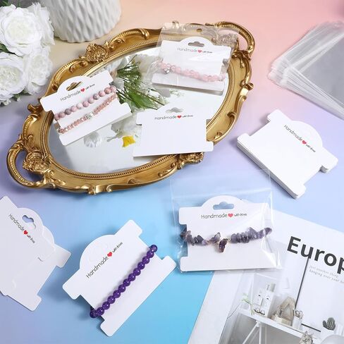 Piriuuo 50 Pcs Bracelet Display Cards with Clear Bags, Bracelet Packaging for Small Business Jewelry Display Card Handmade with Love Jewelry Tags for Selling Hair Ties, Bracelets, Necklace (White) in Saudi Arabia