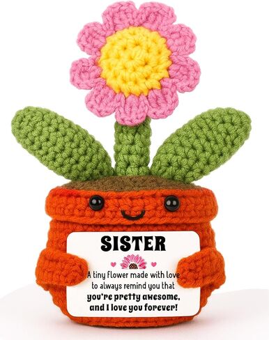 Mini Handmade Pink Crochet Sunflower Sister Gift, Positive Emotional Crochet Doll, Sunflower Decor, Get Well Appreciation Thank You Gifts for Sister Bestie, Retirement Gift for Woman in Saudi Arabia