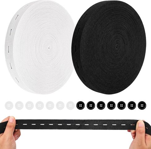 2PACK 3.2 ياردة مرنة للخياطة مع 40 قطعة من الأزرار، مرنة مع فتحات أزرار لخياطة حزام الخصر وحزام مطاطي مع فتحات أزرار وأربطة محبوكة عالية المرونة (أسود، أبيض) in Saudi Arabia