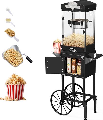 آلة الفشار، عربة آلة الفشار العتيقة بوزن 10 أونصة مع عجلات، ماكينة صنع الفشار على طراز مسرح الأفلام الاحترافية تصنع ما يصل إلى 40 كوبًا، آلة صنع الفشار للاستخدام المنزلي والتجاري (أسود) in Kuwait