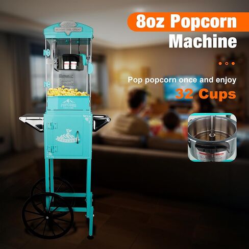 ماكينة صنع الفشار بسعة 8 أونصة مع عربة (وردي) - صانع الفشار العتيق - تشغيل بلمسة واحدة، تصنع ما يصل إلى 30 كوبًا لليالي الأفلام والحفلات والمناسبات in Kuwait