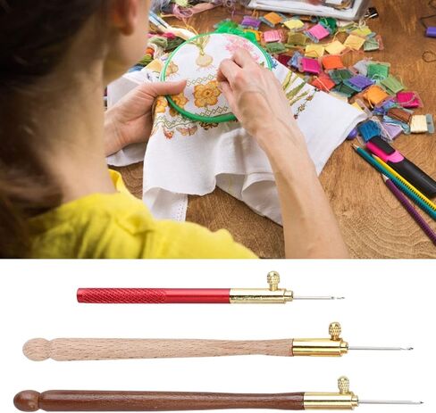 3 قطع من أدوات تامبور من Kodrily، خطافات كروشيه مطرزة بمقبض خشبي من الفولاذ المقاوم للصدأ مع 9 إبر، مجموعة خطافات تامبور، أداة خياطة يدوية بخطاف تامبور فرنسي للترتر والخرز in Kuwait