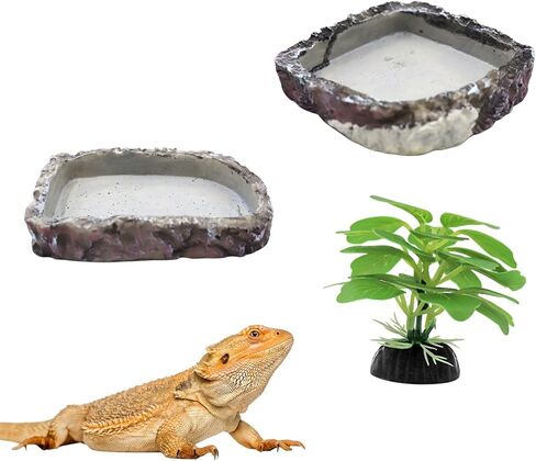 Bearded Dragon Accessories, 2 Pack Reptile Bowl for Feeding and 1 Artificial Plant Decor, Aquarium Habitat Decoration Set for Bearded Dragon, Gecko, Tortoise, Snake, Frog, Other Small Reptile in Saudi Arabia