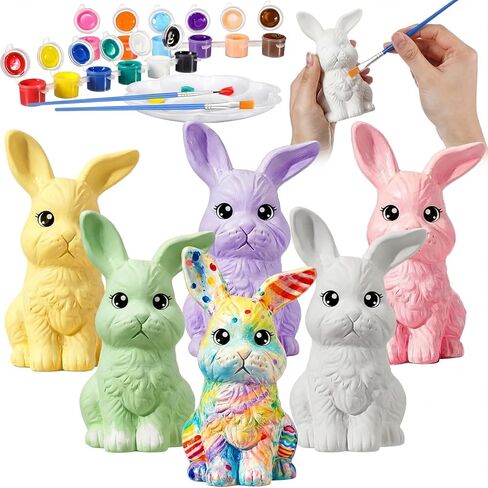 Cinnvoice 11 Pcs Retro Easter Bunny DIY Painting Kit Ceramic to Paint Your Own Bunny Statues Unpainted Plaster Figurines with Strips Brushes Palette and Crafts Kits Party Favor for Adults in Kuwait