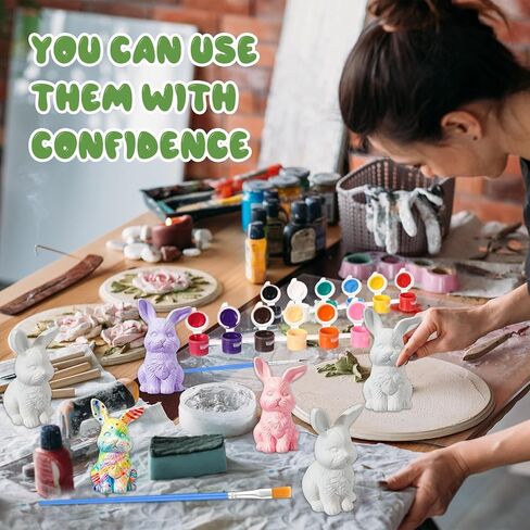 Cinnvoice 11 Pcs Retro Easter Bunny DIY Painting Kit Ceramic to Paint Your Own Bunny Statues Unpainted Plaster Figurines with Strips Brushes Palette and Crafts Kits Party Favor for Adults in Kuwait