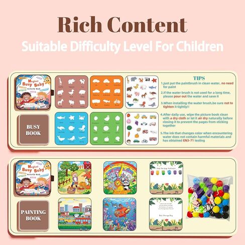 كتاب رسم مائي قابل لإعادة الاستخدام 3 في 1 للأطفال - لعبة تعليمية لمرحلة ما قبل المدرسة مع 10 موضوعات - لعبة تلوين المياه وفرز الألوان - رسم بدون فوضى ومتعة قابلة لإعادة الاستخدام للأعمار من 3 سنوات فما فوق in Kuwait