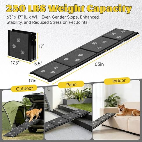 منحدر للكلاب للسيارة بطول 63 بوصة و17 بوصة منحدرات محمولة للكلاب الكبيرة سطح سجادة غير قابلة للانزلاق وخطوات واسعة للغاية لسيارة الدفع الرباعي والشاحنات منحدر للكلاب قابل للطي يدعم ما يصل إلى 250 رطلاً in Kuwait