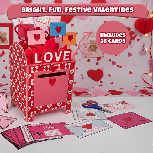 4E's Novelty 28 قطعة من صندوق بريد عيد الحب مع بطاقات للأطفال - طقم صندوق تصميم مغلف لبطاقة عيد الحب DIY للصبي والفتاة مع 28 بطاقة عيد الحب كبيرة لمدرسة Kds لتبادل الفصول الدراسية in Kuwait