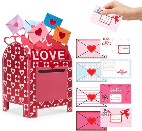 4E's Novelty 28 قطعة من صندوق بريد عيد الحب مع بطاقات للأطفال - طقم صندوق تصميم مغلف لبطاقة عيد الحب DIY للصبي والفتاة مع 28 بطاقة عيد الحب كبيرة لمدرسة Kds لتبادل الفصول الدراسية in Kuwait