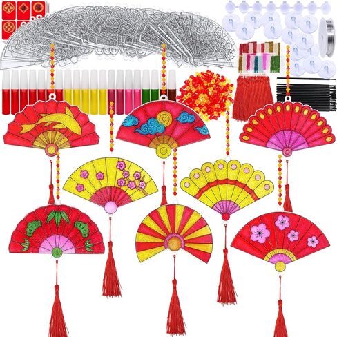 Winlyn 24 مجموعة من ديكورات السنة الصينية الجديدة DIY مروحة Suncatcher الحلي الحرفية مجموعات اللوحة مروحة للأطفال الآسيوية الفيتنامية السنة القمرية الجديدة 2026 سنة أنشطة الفصول الدراسية الحصان تفضل الحفلات in Saudi Arabia