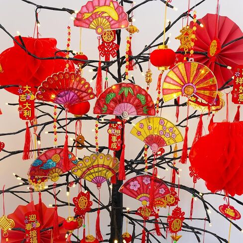 Winlyn 24 مجموعة من ديكورات السنة الصينية الجديدة DIY مروحة Suncatcher الحلي الحرفية مجموعات اللوحة مروحة للأطفال الآسيوية الفيتنامية السنة القمرية الجديدة 2026 سنة أنشطة الفصول الدراسية الحصان تفضل الحفلات in Saudi Arabia