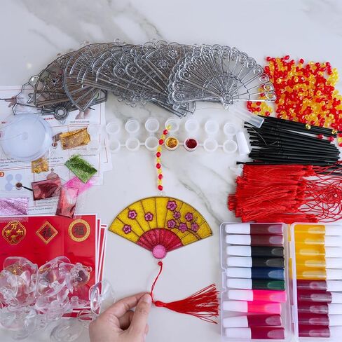 Winlyn 24 مجموعة من ديكورات السنة الصينية الجديدة DIY مروحة Suncatcher الحلي الحرفية مجموعات اللوحة مروحة للأطفال الآسيوية الفيتنامية السنة القمرية الجديدة 2026 سنة أنشطة الفصول الدراسية الحصان تفضل الحفلات in Saudi Arabia