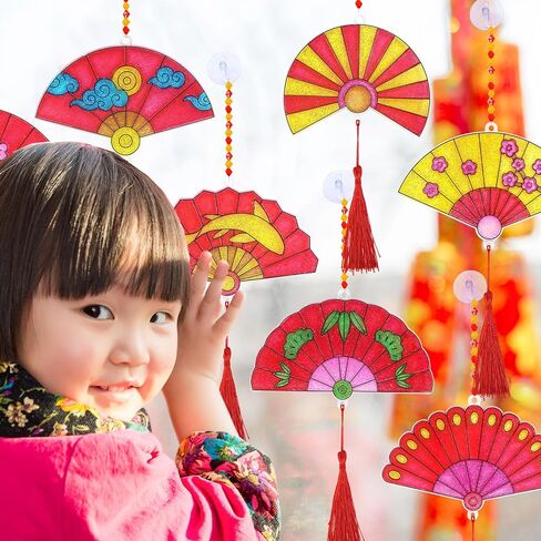 Winlyn 24 مجموعة من ديكورات السنة الصينية الجديدة DIY مروحة Suncatcher الحلي الحرفية مجموعات اللوحة مروحة للأطفال الآسيوية الفيتنامية السنة القمرية الجديدة 2026 سنة أنشطة الفصول الدراسية الحصان تفضل الحفلات in Saudi Arabia
