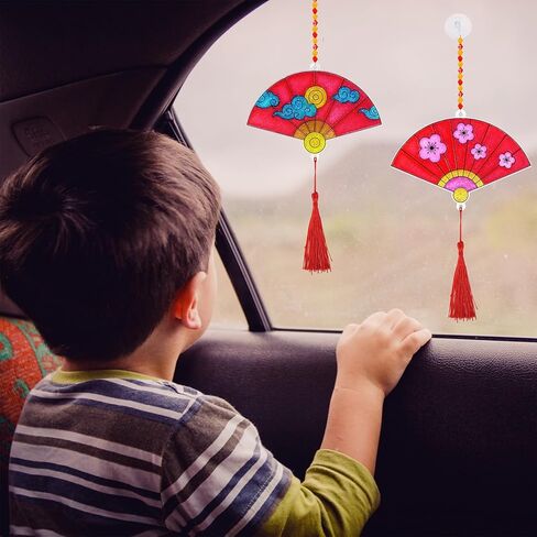 Winlyn 24 مجموعة من ديكورات السنة الصينية الجديدة DIY مروحة Suncatcher الحلي الحرفية مجموعات اللوحة مروحة للأطفال الآسيوية الفيتنامية السنة القمرية الجديدة 2026 سنة أنشطة الفصول الدراسية الحصان تفضل الحفلات in Saudi Arabia