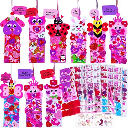 Winlyn 32 Sets Valentine's Day Decorations DIY Heart Animal Bookmarks Valentine Craft Kits Blank Foam Bookmarks with Hearts Stickers for Kids Classroom Activities Reading Party Favors Gift Exchange in Saudi Arabia