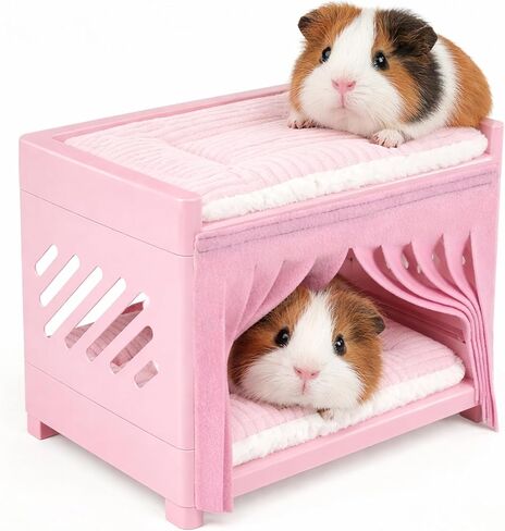 Guinea Pig Bunk Bed with 2 Mats & Tassel Curtains Double-Deck Small Animal Hideout Sleep Loft for Guinea Pigs & Other Small Pets Washable Cushions, Non-Toxic, Easy Clean in Kuwait