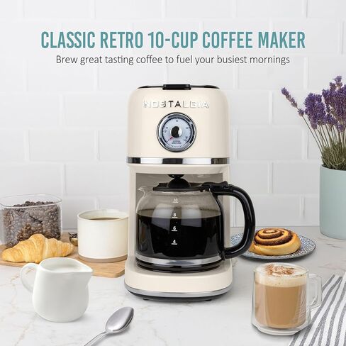 Nostalgia Classic Retro 10 Cup Coffee Maker - One-Touch Drip Brew, Reusable Filter - Anti-Drip, Auto Shutoff, & Time Display - Dishwasher Safe 50 oz Carafe - Cream in Saudi Arabia