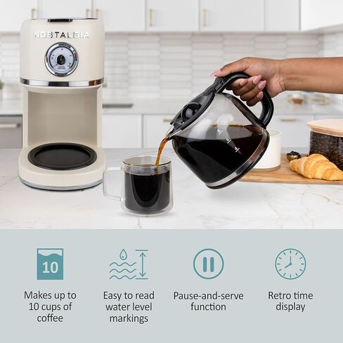 Nostalgia Classic Retro 10 Cup Coffee Maker - One-Touch Drip Brew, Reusable Filter - Anti-Drip, Auto Shutoff, & Time Display - Dishwasher Safe 50 oz Carafe - Cream in Saudi Arabia