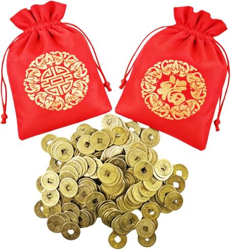 KYMY Chinese & Vietnamese Lucky Coin Set – 200 Feng Shui I Ching Coins with 2 Red Fu Character Fortune Drawstring Pouches for 2026 Spring Festival Lunar New Year, Good Luck, Prosperity & Home Décor in Saudi Arabia