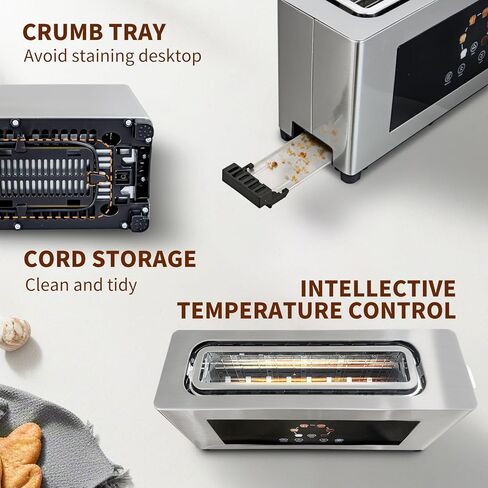 محمصة خبز بشاشة تعمل باللمس مع شاشة LCD، محمصة رفيعة شريحتين - فتحة طويلة 10 بوصات للخبز الفرنسي وفتحة واسعة جدًا 1.6 بوصة، 6 مستويات تحمير، 1200 وات، موفرة للمساحة in Kuwait