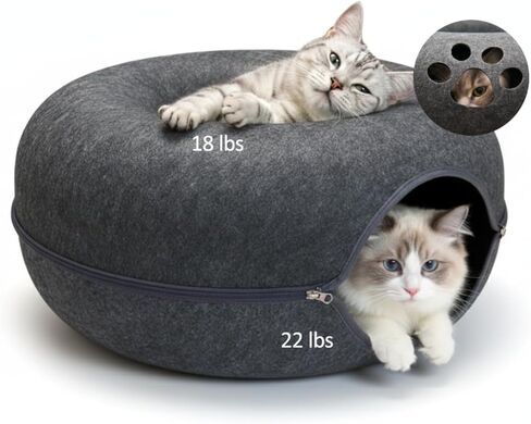 Peekaboo Cat Tunnel with Cute Paw Window, Large Indoor Donut Cat Cave for Play & Nap, Random Zipper Color (White/Charcoal Gray), Scratch-Resistant & Hand-Washable, Dark Gray in Kuwait