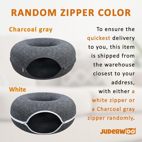 Peekaboo Cat Tunnel with Cute Paw Window, Large Indoor Donut Cat Cave for Play & Nap, Random Zipper Color (White/Charcoal Gray), Scratch-Resistant & Hand-Washable, Dark Gray in Kuwait