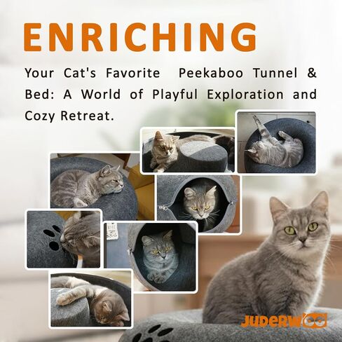 Peekaboo Cat Tunnel with Cute Paw Window, Large Indoor Donut Cat Cave for Play & Nap, Random Zipper Color (White/Charcoal Gray), Scratch-Resistant & Hand-Washable, Dark Gray in Kuwait