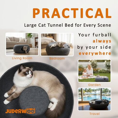 Peekaboo Cat Tunnel with Cute Paw Window, Large Indoor Donut Cat Cave for Play & Nap, Random Zipper Color (White/Charcoal Gray), Scratch-Resistant & Hand-Washable, Dark Gray in Kuwait