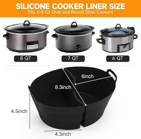 ChefAid Slow Cooker Divider Liners with Handle, 100% Silicone Reusable Slow Cooker Liners Compatible with 6-8 Quart Oval or Round Slow Cooker, Fits 7 Quart Crockpot Liners (Black, 2 Pack) in Kuwait