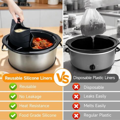 ChefAid Slow Cooker Divider Liners with Handle, 100% Silicone Reusable Slow Cooker Liners Compatible with 6-8 Quart Oval or Round Slow Cooker, Fits 7 Quart Crockpot Liners (Black, 2 Pack) in Kuwait