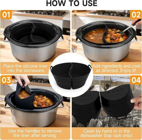 ChefAid Slow Cooker Divider Liners with Handle, 100% Silicone Reusable Slow Cooker Liners Compatible with 6-8 Quart Oval or Round Slow Cooker, Fits 7 Quart Crockpot Liners (Black, 2 Pack) in Kuwait