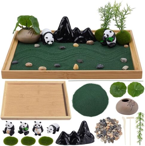 WEBEEDY Panda Mini Zen Garden للمكتب، 11x7.5 ديكور حديقة زن للمكتب الياباني للمنزل والمكتب، صندوق رمل زن للاسترخاء والتأمل، هدايا تزيين عيد ميلاد الباندا للنساء والرجال، 28x19 سم in Kuwait