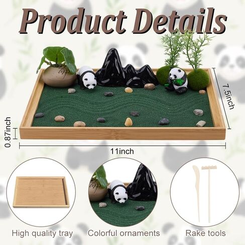 WEBEEDY Panda Mini Zen Garden للمكتب، 11x7.5 ديكور حديقة زن للمكتب الياباني للمنزل والمكتب، صندوق رمل زن للاسترخاء والتأمل، هدايا تزيين عيد ميلاد الباندا للنساء والرجال، 28x19 سم in Kuwait