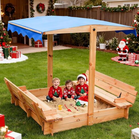 FUNTOK 48''x48'' Kids Sandbox with Lid, Wooden Sand Box with Foldable Bench Seats, Rotatable Canopy, UV-Protection, 300 Lbs Weight Capacity, for Backyard, Patio, Outdoor Play in Saudi Arabia