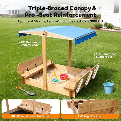 FUNTOK 48''x48'' Kids Sandbox with Lid, Wooden Sand Box with Foldable Bench Seats, Rotatable Canopy, UV-Protection, 300 Lbs Weight Capacity, for Backyard, Patio, Outdoor Play in Saudi Arabia